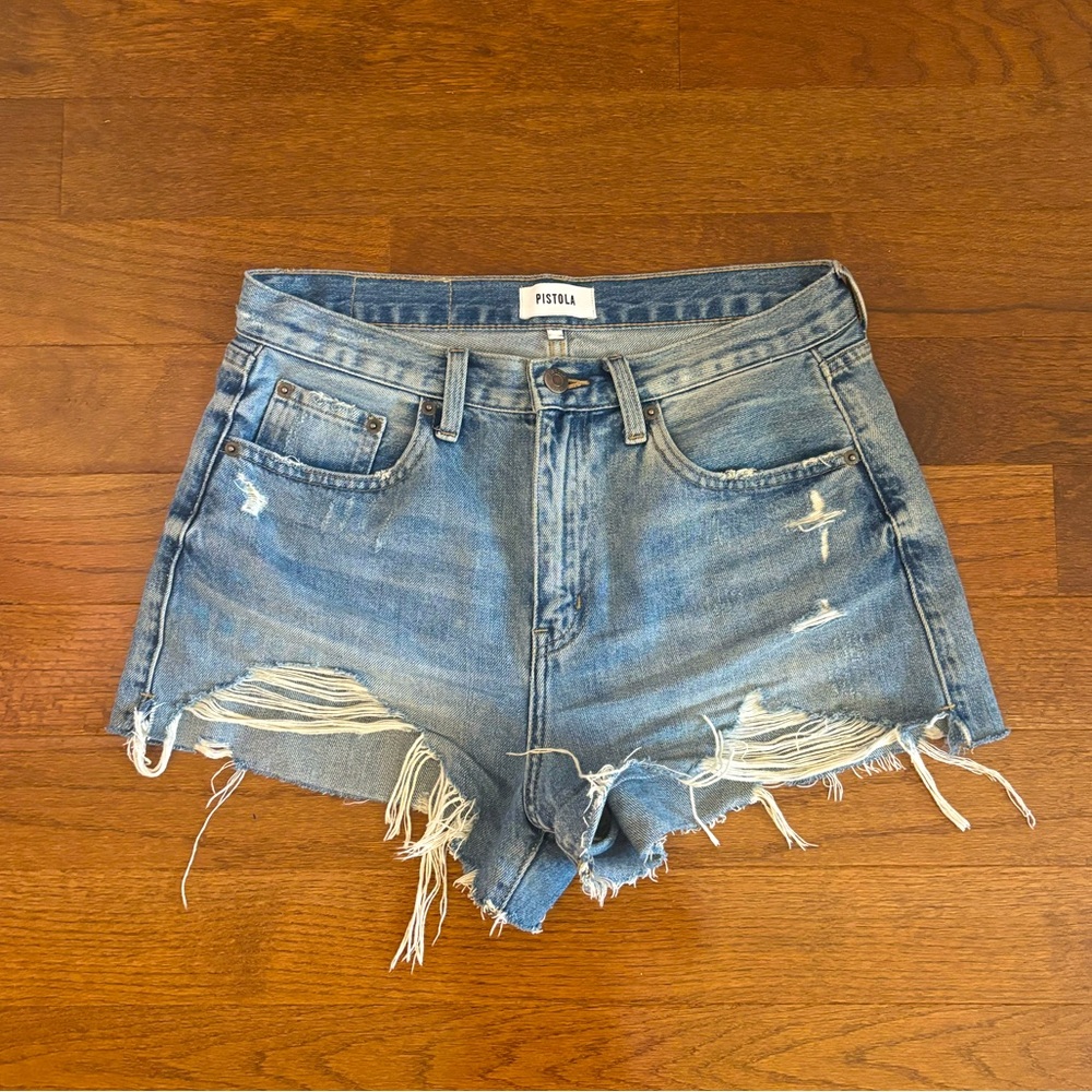Pistola high waist blue denim distressed denim cut off shorts - 28